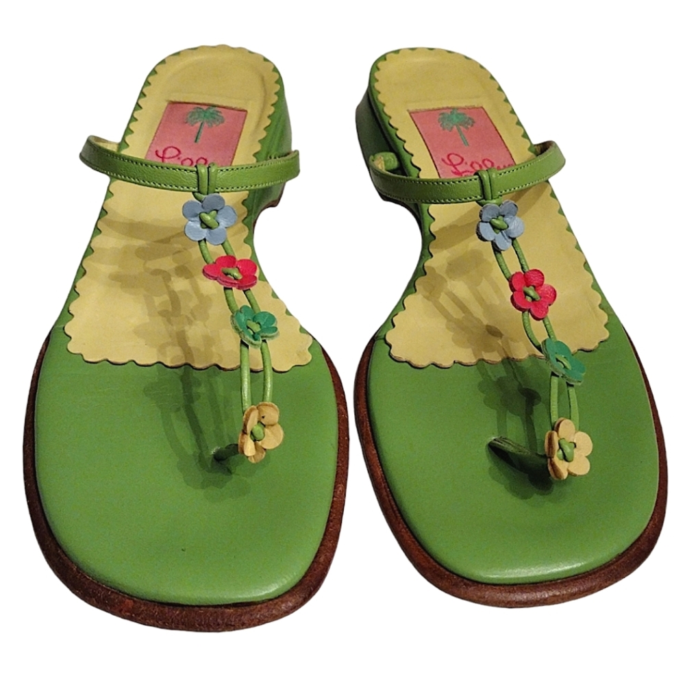 LILLY PULITZER Leather Floral Thong Heeled Sandals, Size 7 M, Green/Yell…